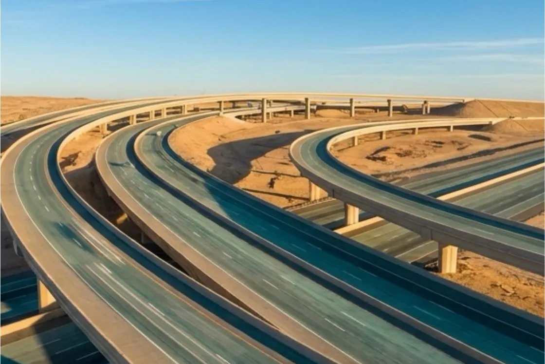 Aerial view of a desert highway interchange