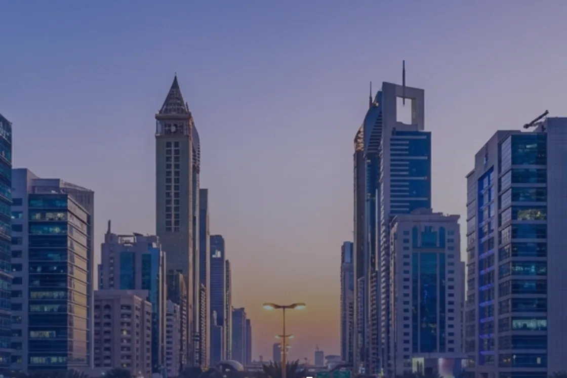 Dubai skyline along Sheikh Zayed Road at dusk